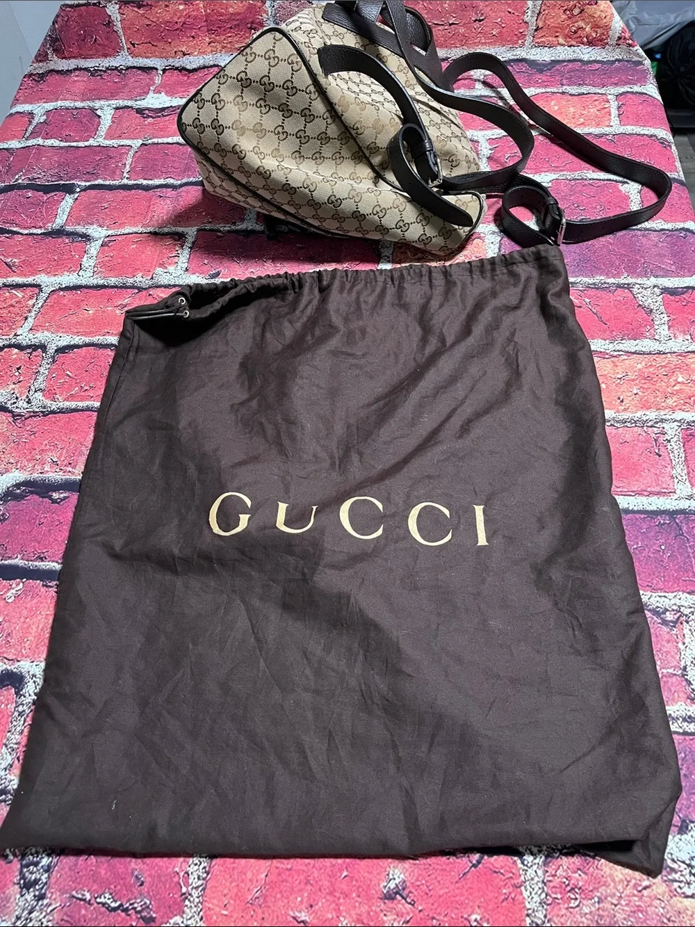 Gucci Beige Brown GG Monogram Drawstring Backpack